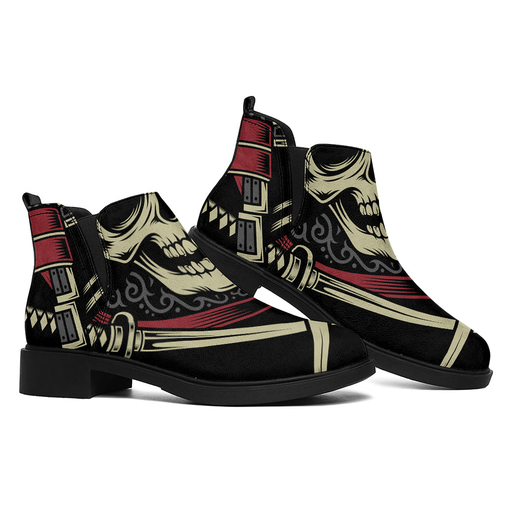 Samurai Warrior Skull Print Flat Ankle Boots