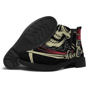 Samurai Warrior Skull Print Flat Ankle Boots