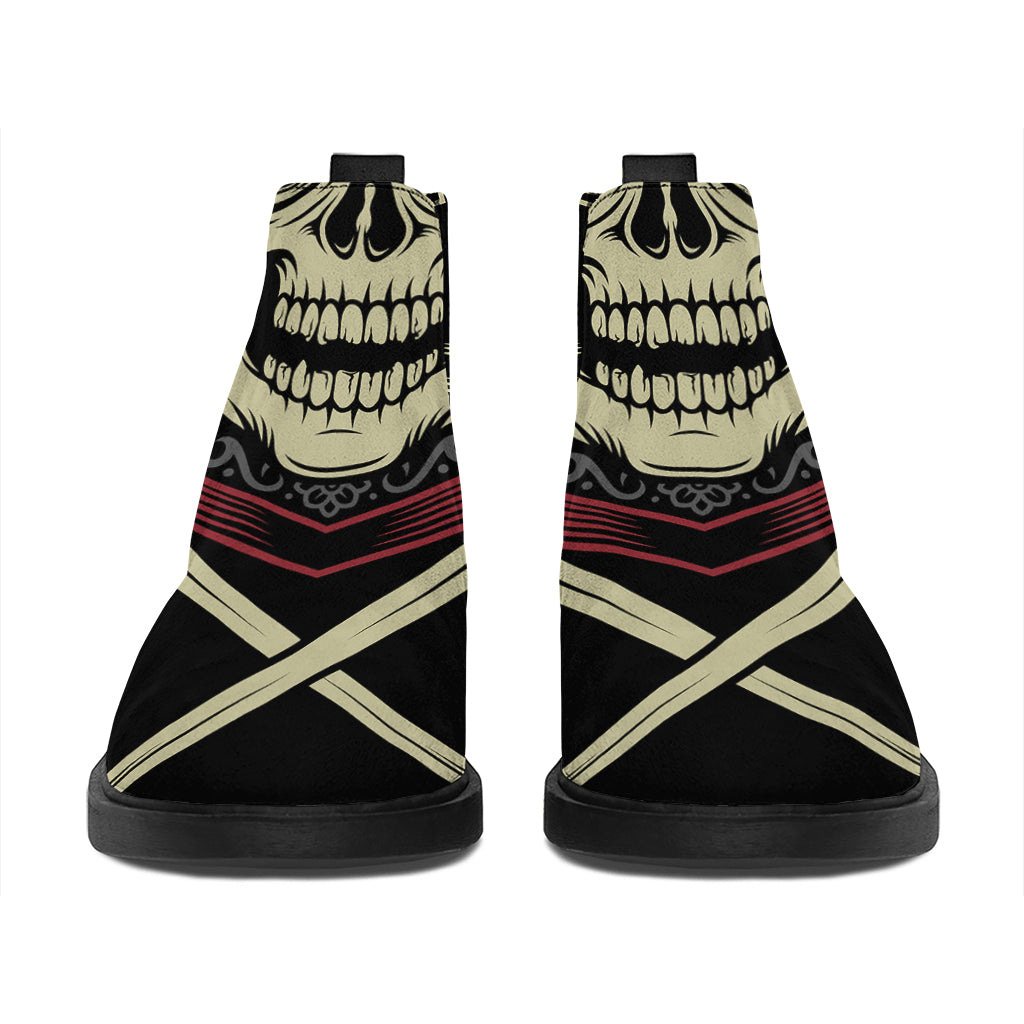 Samurai Warrior Skull Print Flat Ankle Boots