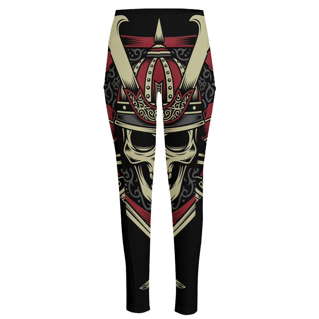 Samurai Warrior Skull Print High-Waisted Pocket Leggings