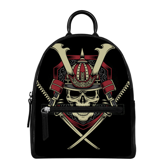 Samurai Warrior Skull Print Leather Backpack