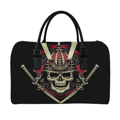 Samurai Warrior Skull Print Leather Duffle Bag