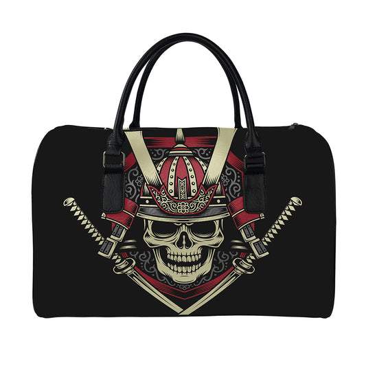 Samurai Warrior Skull Print Leather Duffle Bag