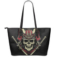 Samurai Warrior Skull Print Leather Tote Bag With Zipper