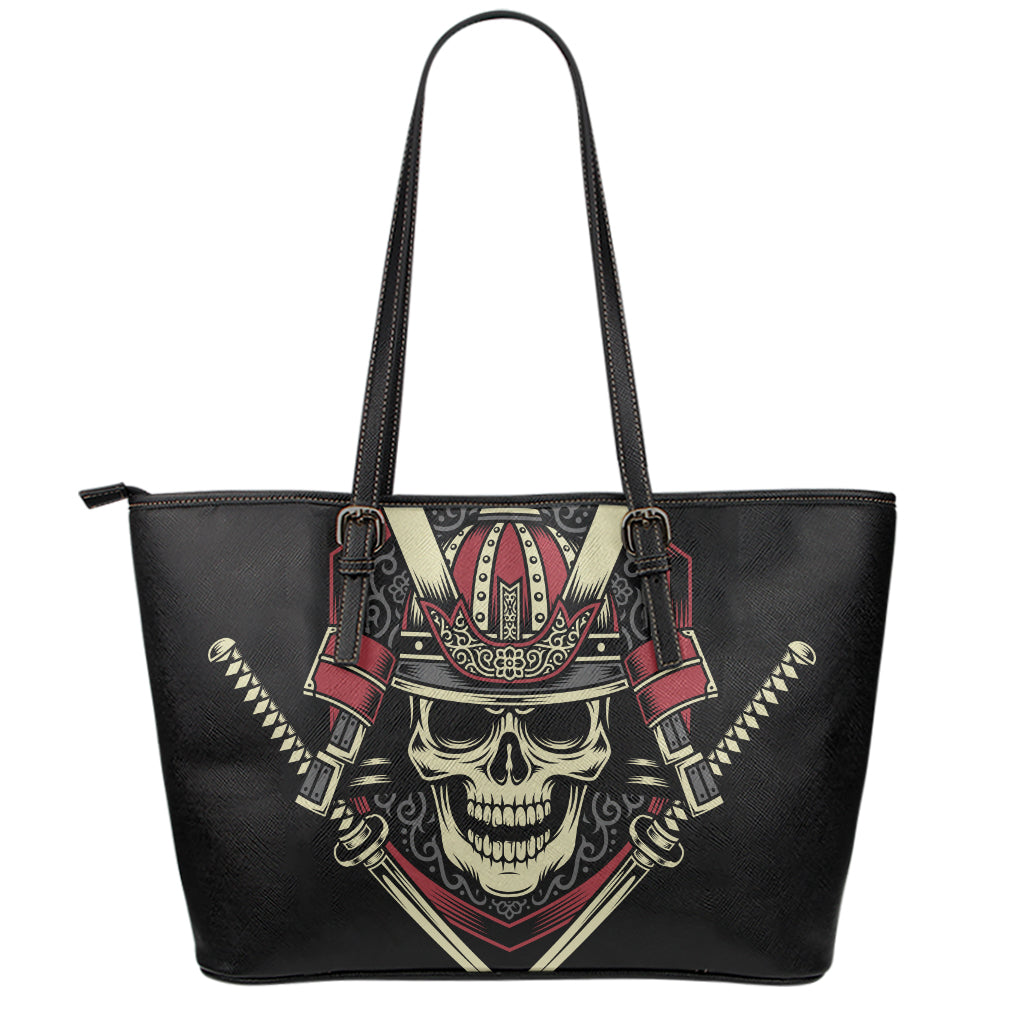 Samurai Warrior Skull Print Leather Tote Bag