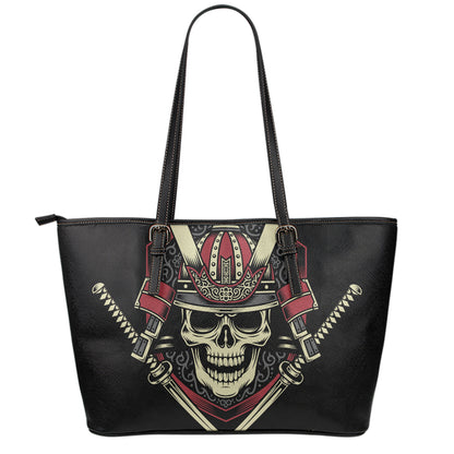 Samurai Warrior Skull Print Leather Tote Bag