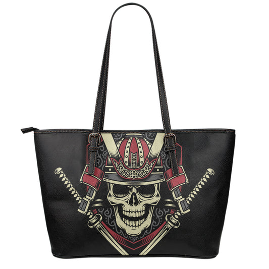 Samurai Warrior Skull Print Leather Tote Bag