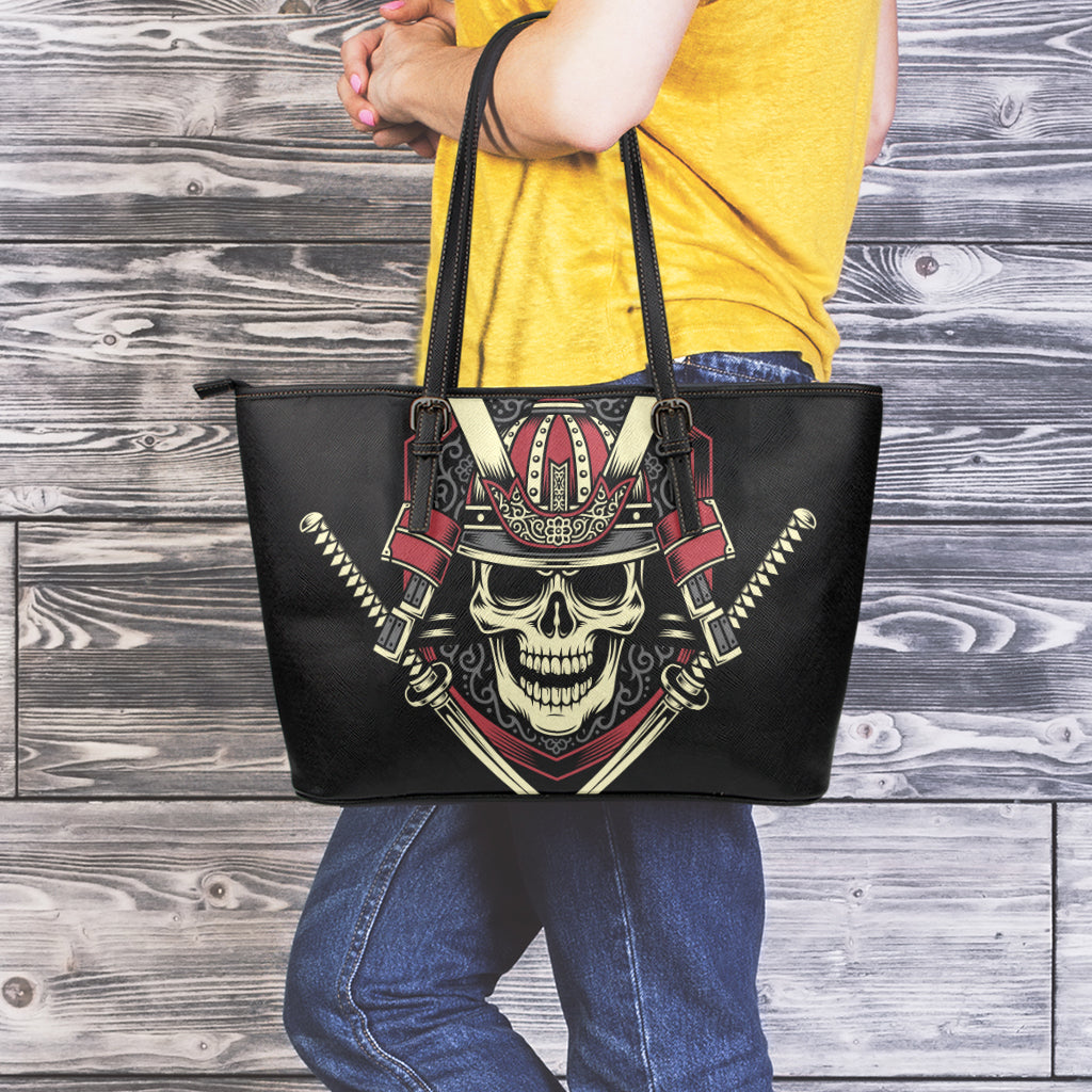 Samurai Warrior Skull Print Leather Tote Bag