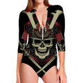 Samurai Warrior Skull Print Long Sleeve Swimsuit