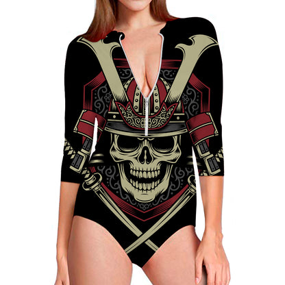 Samurai Warrior Skull Print Long Sleeve Swimsuit