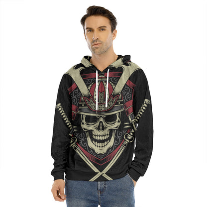 Samurai Warrior Skull Print Men's Velvet Pullover Hoodie