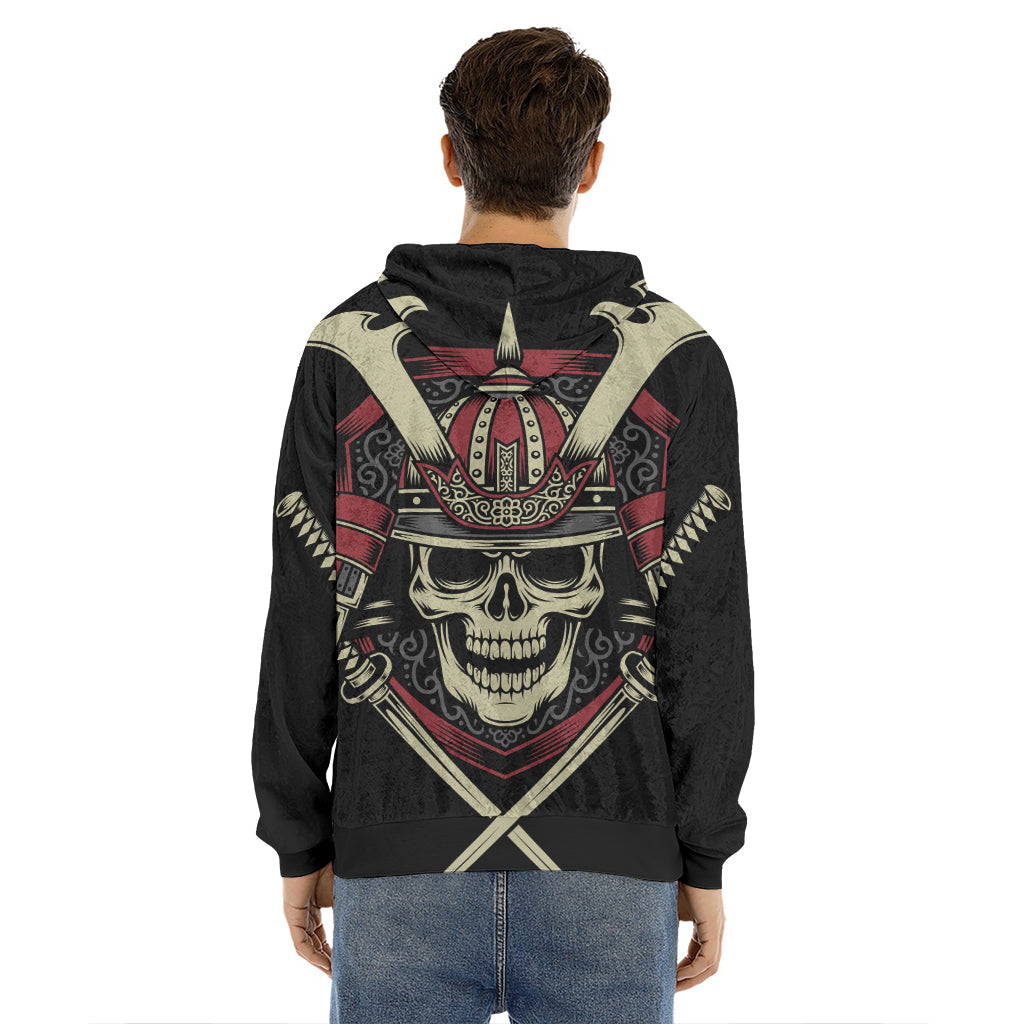 Samurai Warrior Skull Print Men's Velvet Pullover Hoodie