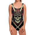Samurai Warrior Skull Print One Piece Swimsuit