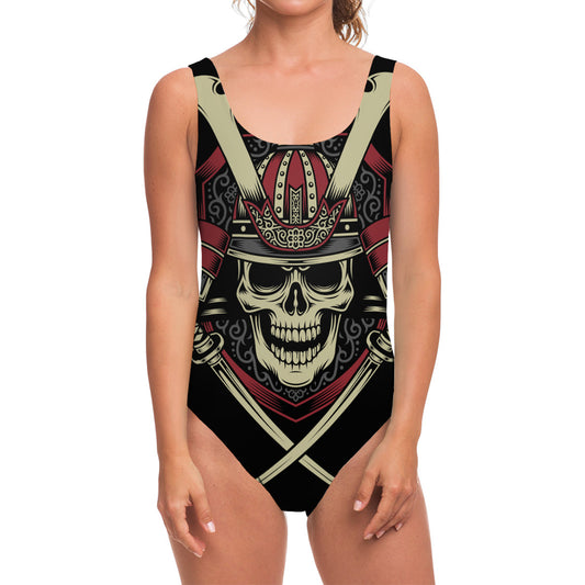Samurai Warrior Skull Print One Piece Swimsuit