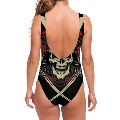 Samurai Warrior Skull Print One Piece Swimsuit