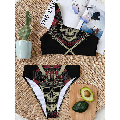 Samurai Warrior Skull Print One Shoulder Bikini Top