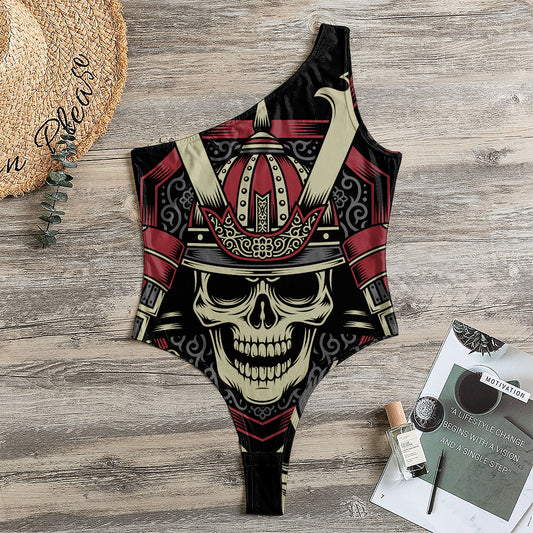 Samurai Warrior Skull Print One Shoulder Bodysuit