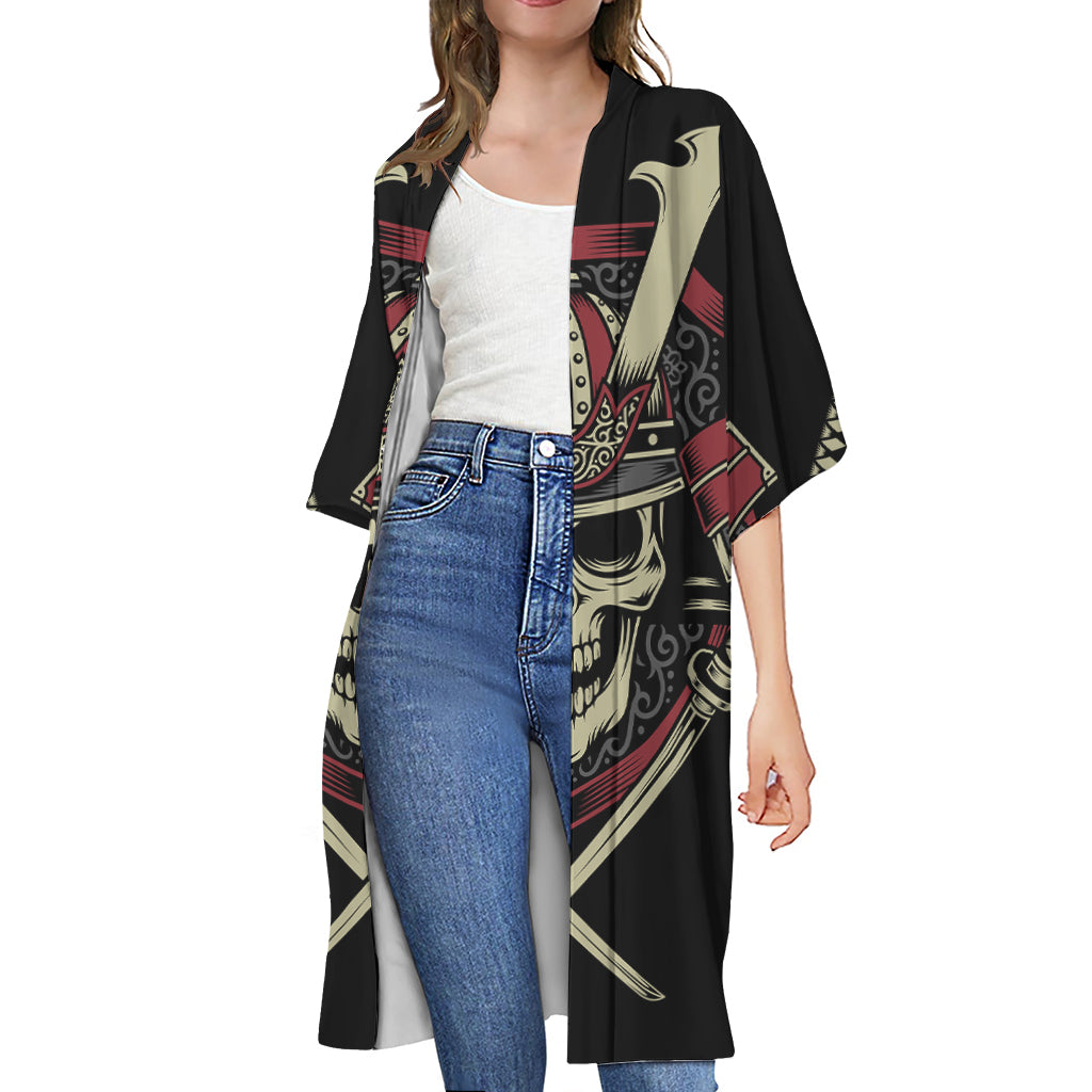 Samurai Warrior Skull Print Open Front Beach Cover Up
