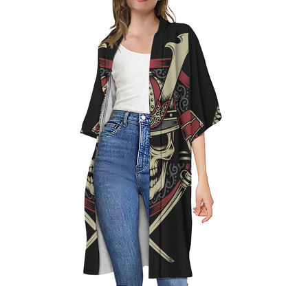 Samurai Warrior Skull Print Open Front Beach Cover Up