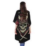 Samurai Warrior Skull Print Open Front Beach Cover Up
