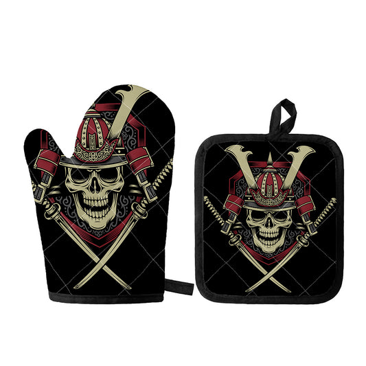 Samurai Warrior Skull Print Oven Mitt And Pot Holder Set