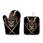Samurai Warrior Skull Print Oven Mitt And Pot Holder Set