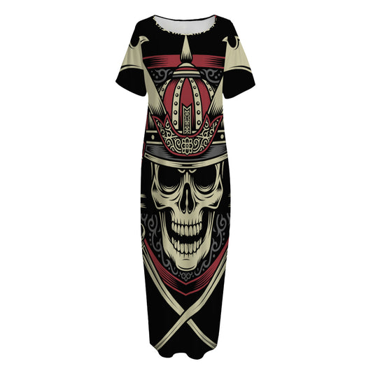 Samurai Warrior Skull Print Short Sleeve Long Nightdress
