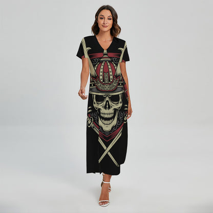 Samurai Warrior Skull Print Short Sleeve Maxi Dress