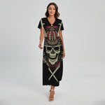 Samurai Warrior Skull Print Short Sleeve Maxi Dress