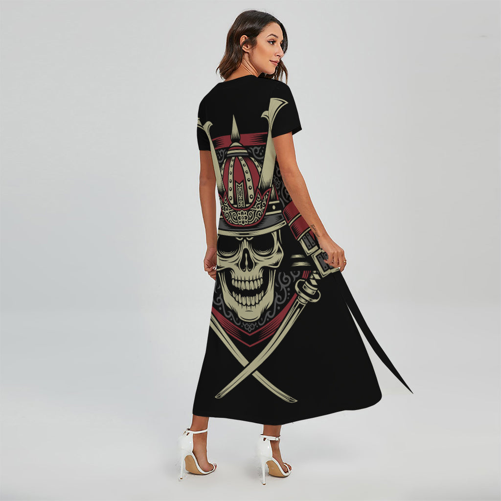 Samurai Warrior Skull Print Short Sleeve Maxi Dress