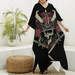 Samurai Warrior Skull Print Silk V-Neck Kaftan Dress