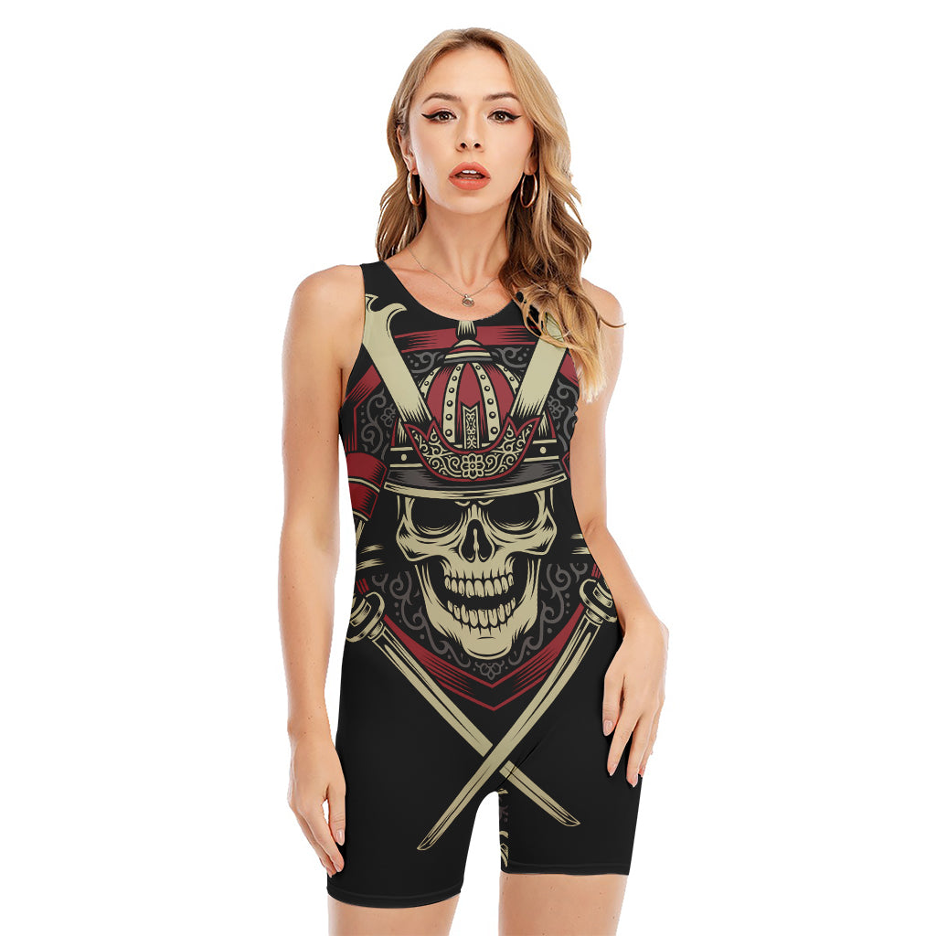 Samurai Warrior Skull Print Sleeveless One Piece Swimsuit