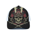 Samurai Warrior Skull Print White Mesh Trucker Hat