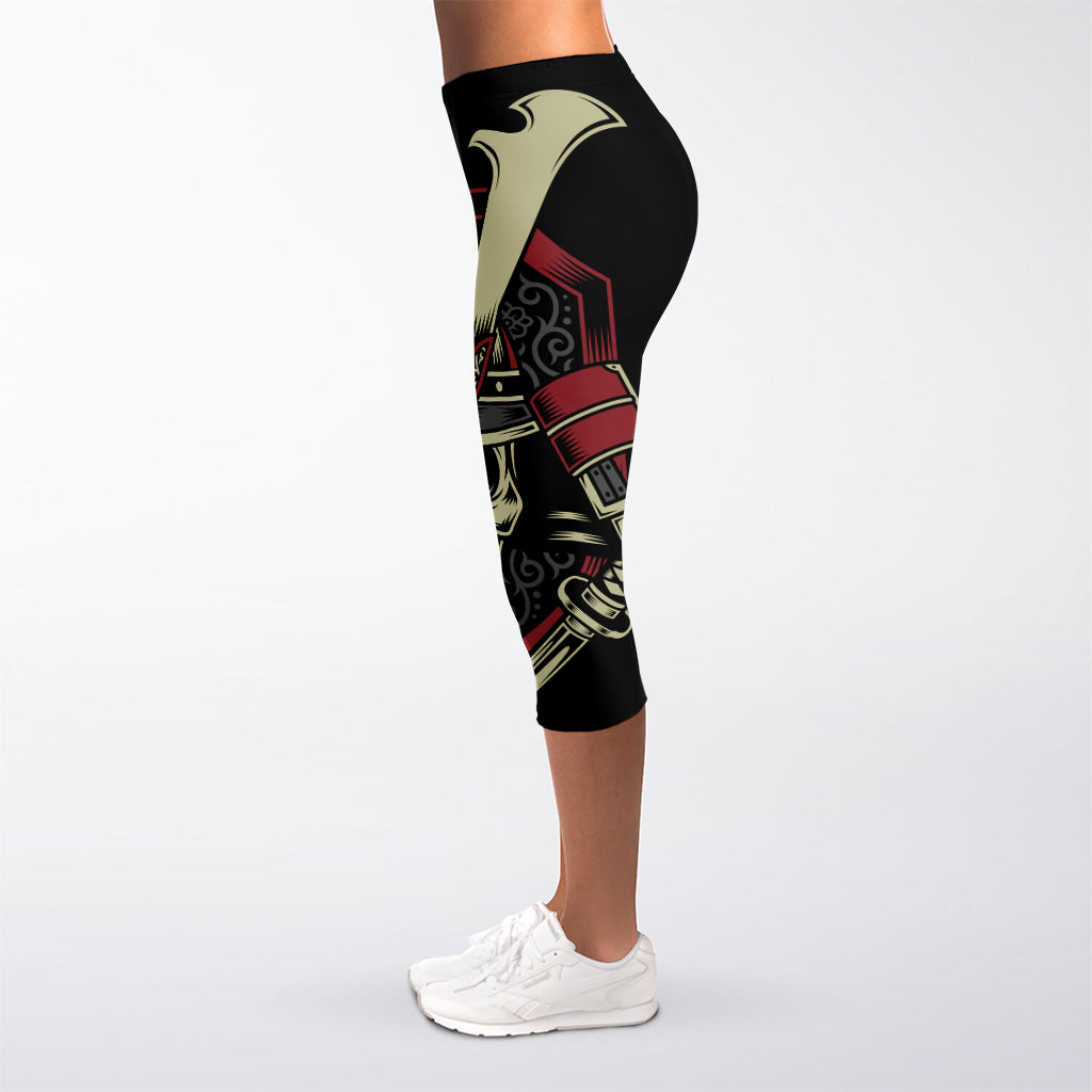 Samurai Warrior Skull Print Women's Capri Leggings