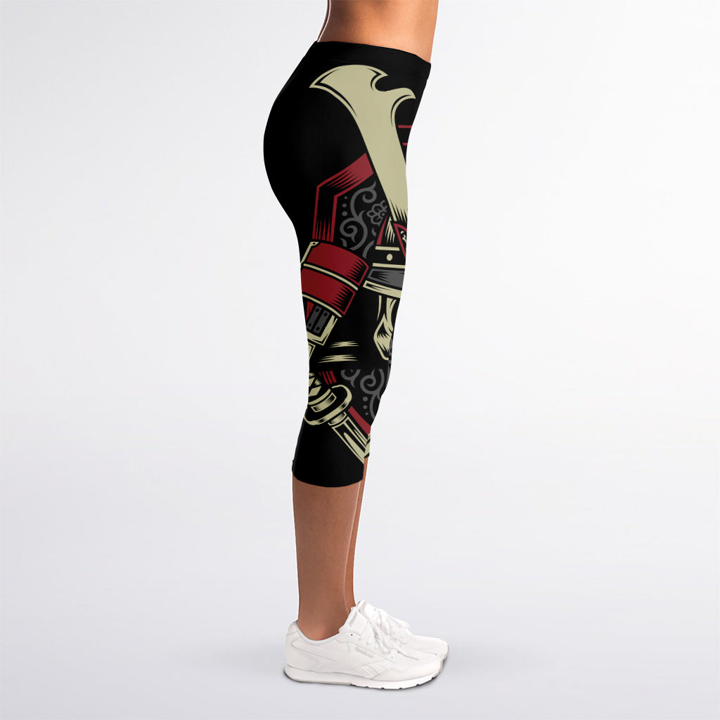 Samurai Warrior Skull Print Women's Capri Leggings