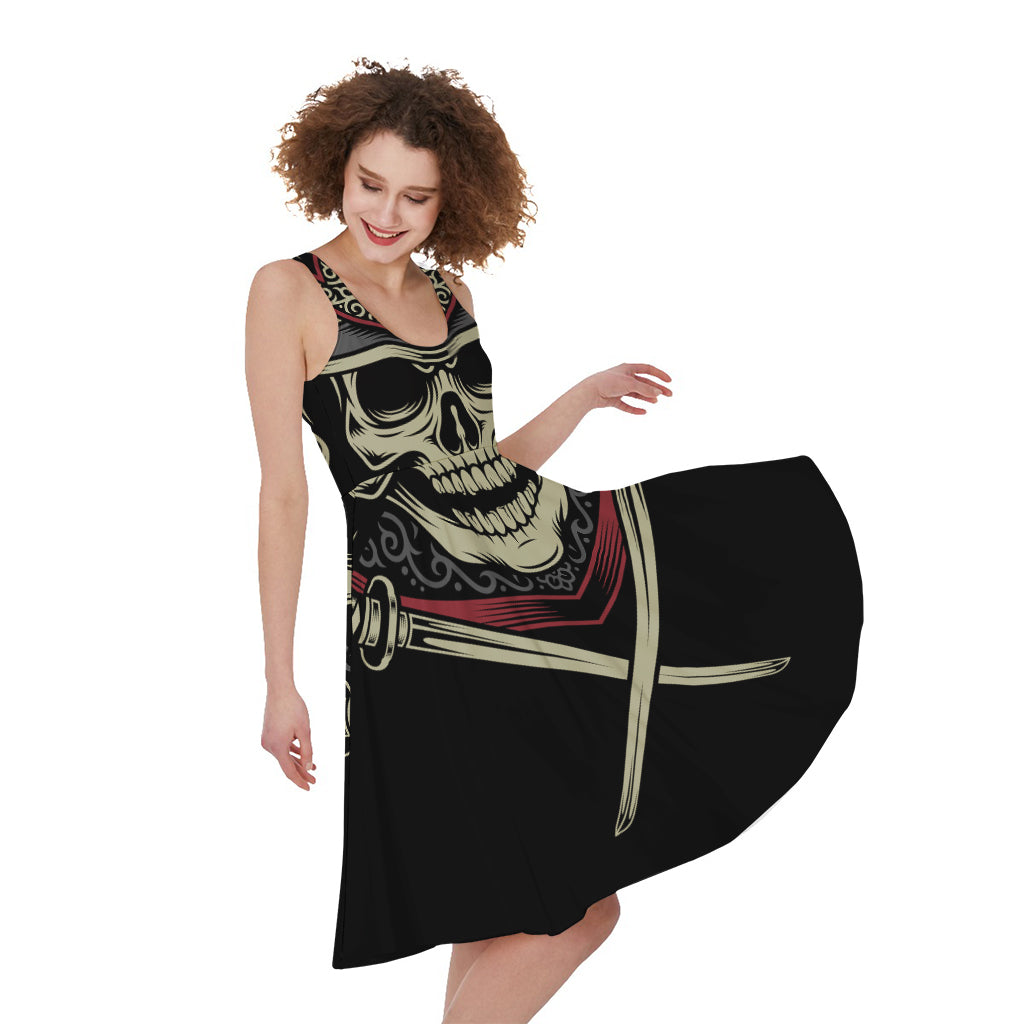 Samurai Warrior Skull Print Women's Sleeveless Dress