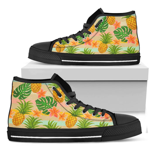 Sand Beach Pineapple Pattern Print Black High Top Sneakers