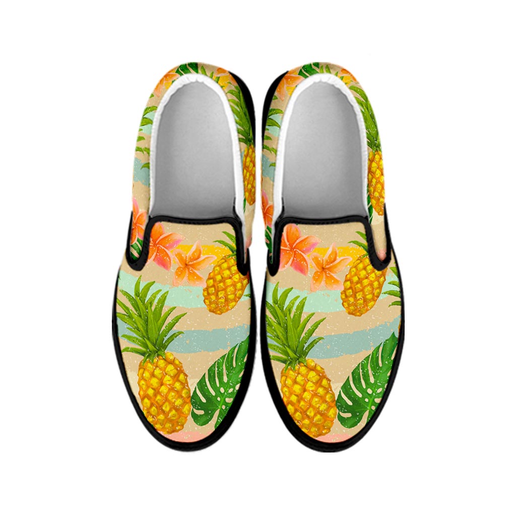 Sand Beach Pineapple Pattern Print Black Slip On Sneakers