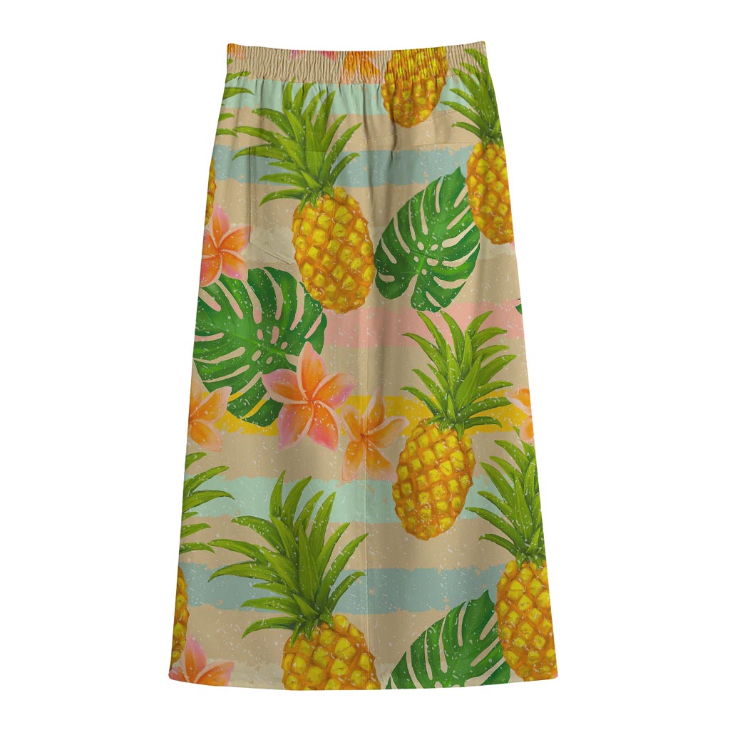 Sand Beach Pineapple Pattern Print Cotton Front Slit Maxi Skirt