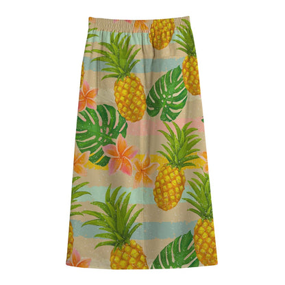Sand Beach Pineapple Pattern Print Cotton Front Slit Maxi Skirt