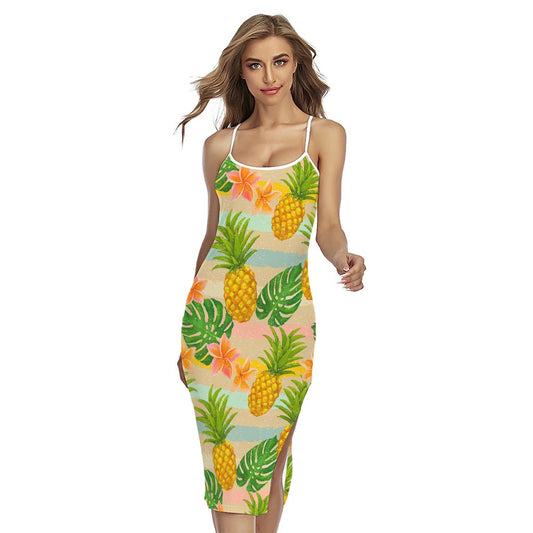 Sand Beach Pineapple Pattern Print Cross Back Cami Dress