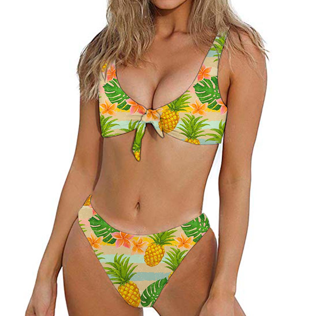 Sand Beach Pineapple Pattern Print Front Bow Tie Bikini