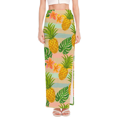 Sand Beach Pineapple Pattern Print High Slit Maxi Skirt