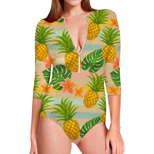 Sand Beach Pineapple Pattern Print Long Sleeve Swimsuit