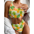 Sand Beach Pineapple Pattern Print One Shoulder Bikini Set
