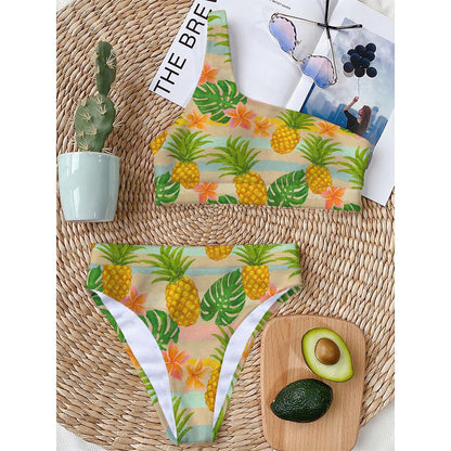 Sand Beach Pineapple Pattern Print One Shoulder Bikini Top