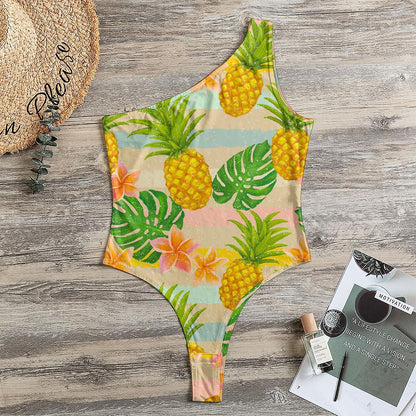 Sand Beach Pineapple Pattern Print One Shoulder Bodysuit