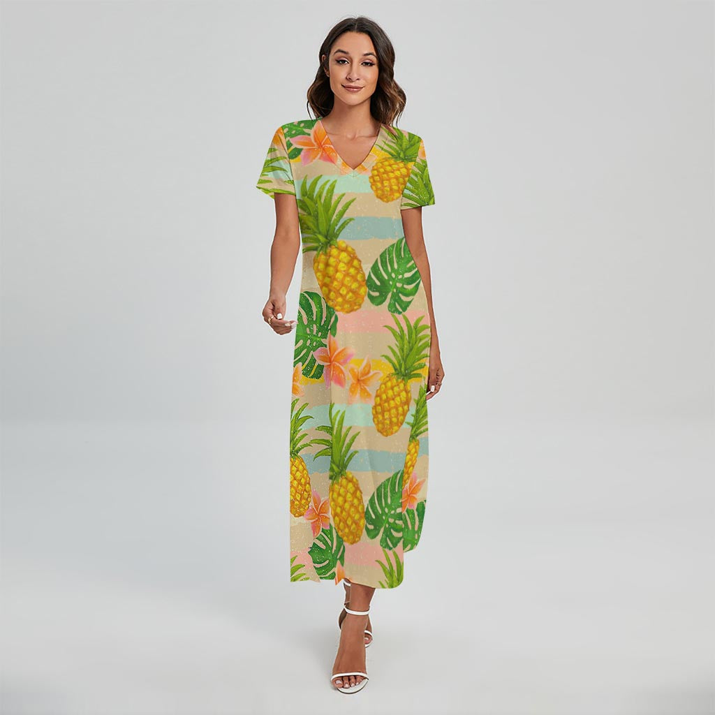 Sand Beach Pineapple Pattern Print Short Sleeve Maxi Dress
