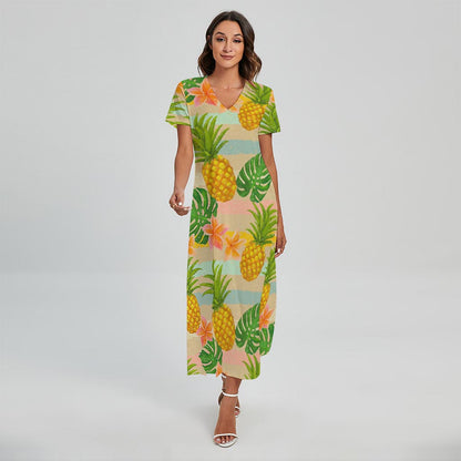 Sand Beach Pineapple Pattern Print Short Sleeve Maxi Dress