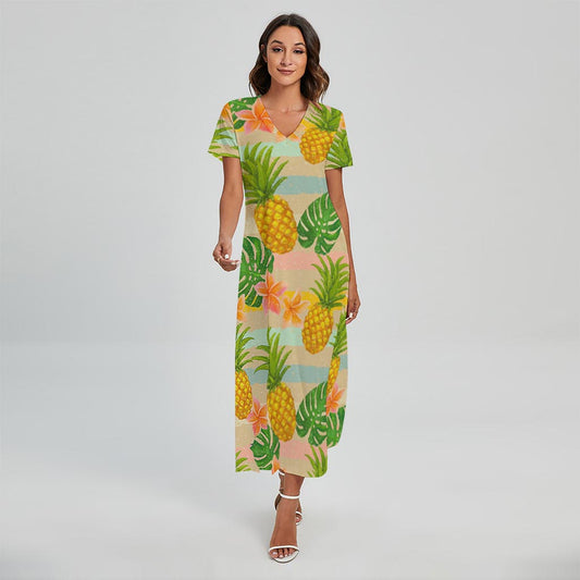 Sand Beach Pineapple Pattern Print Short Sleeve Maxi Dress
